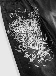 ROMWE MEN Goth 男士宽松街头花卉十字印花阔腿牛仔裤，垃圾摇滚