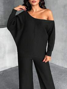 EURMUSE 女士，秋季，两件套，运动衫，裤子，奥斯曼面料，落肩运动衫，半袖，短款长度，长裤，松紧腰带 - 藏蓝色 - 查看 3