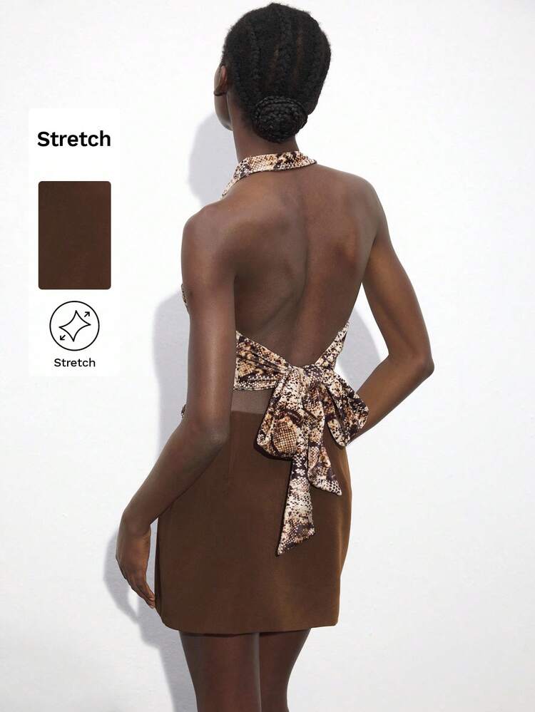 SHEIN Maija Autumn/Winter New Year Brown Animal Print Open Back Tie Up Crop Top,Festival