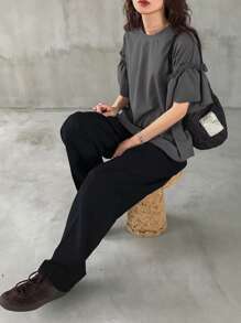 FRIFUL 女士宽松休闲纯色盖袖T恤，夏季，褶边