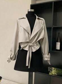 Franclia Abrigo largo de gabardina gris claro para mujer con solapa y cinturón, elegante y de moda para uso diario en otoño, casual para ir al trabajo, oficina y atuendo profesional de negocios - Albaricoque - Ver 1