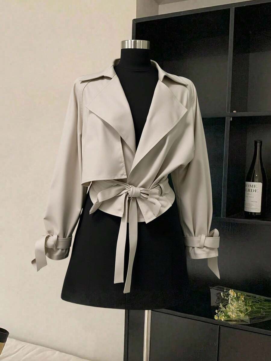Franclia Abrigo largo de gabardina gris claro para mujer con solapa y cinturón, elegante y de moda para uso diario en otoño, casual para ir al trabajo, oficina y atuendo profesional de negocios - Albaricoque - Ver 1