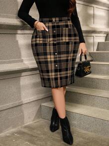 SHEIN Clasi 大码优雅通勤格子前扣修身半身裙 - 卡其色 - 查看 6