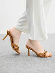 CUCCOO BIZCHIC Sandale damă maro cu toc înalt, din piele întoarsă artificială, cu cataramă aurie și decor, la modă, confortabile, cu vârful rotund