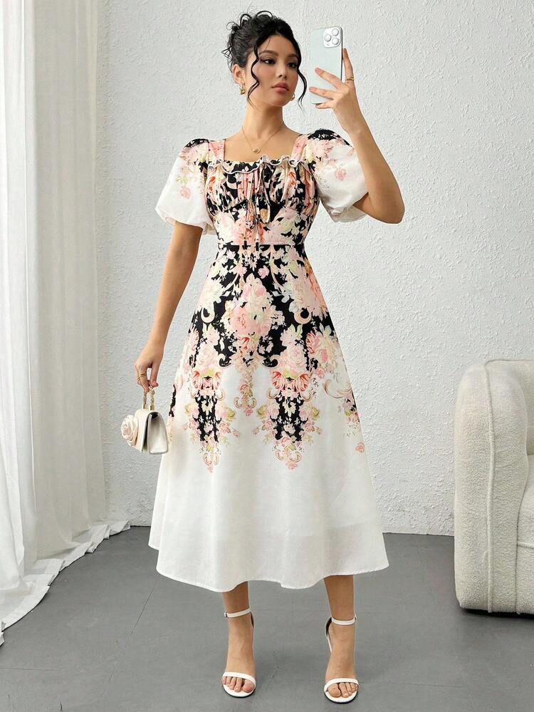 Women's Floral Print Square Neck Ruffle Hem Mid-Length Dress, Summer Sundress Maxi Dress Boho