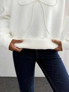 SHEIN Women Pearls Ribbon Embroidery Detailed Oversize Hooded Sweatshirt