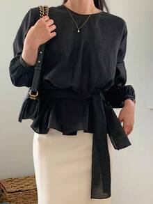 DAZY 女式系腰宽松套头长袖衬衫秋季上衣 - 黑色 - 查看 6