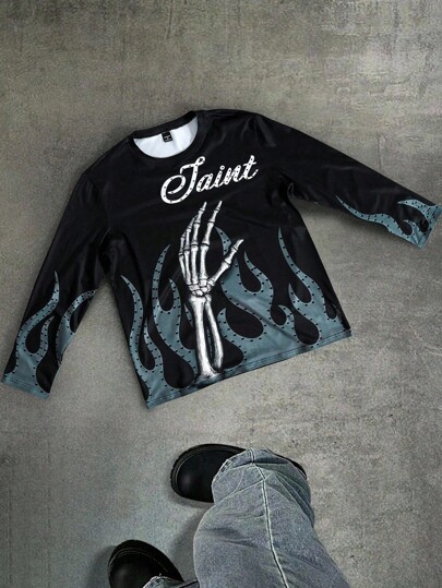 Manfinity EMRG 男士休闲骷髅手与火焰印花长袖T恤