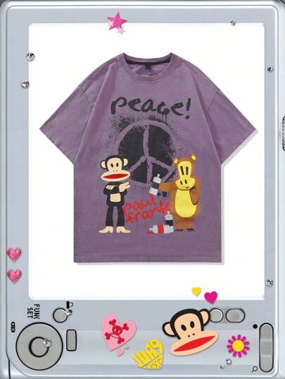Paul Frank X ROMWE Men's Letter & Cartoon Pattern Short Sleeve T-Shirt, Suitable For Everyday Wear In Spring/Summer