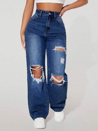 SHEIN PETITE 休闲破洞直筒牛仔裤