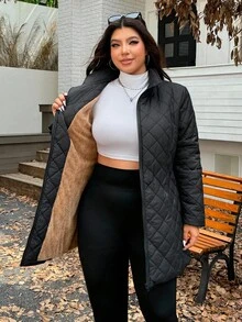 SHEIN EZwear 冬季加大码加厚长款外套 - 黑色 - 查看 6