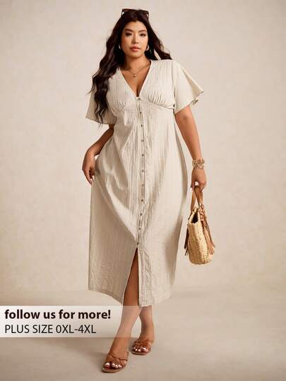 Elaquor Plus Size Women's V-Neck Ruffled Short Sleeve Single-Breasted Casual Dress, Summer,Old Money Style Women,Business Casual Woman