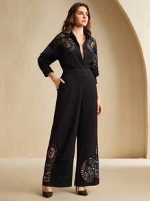Anewsta 女士长袖镂空单排扣衬衫和阔腿裤休闲套装 - 黑色 - 查看 5
