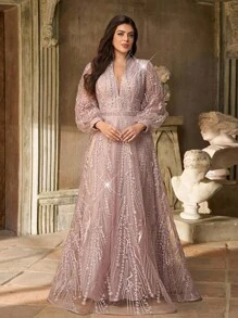 Aureia 加大码优雅奢华深 V 领长袖透明美人鱼下摆连衣裙，带珍珠和水钻装饰，适合婚礼、派对、庆典、单身派对、正式晚会 - 藕粉色 - 查看 5