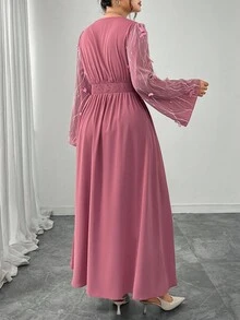 Modelyn Elegant Floral Patchwork Crossover Neck Flare Sleeve Plus Size Dress, Romantic & Fashionable Fall Cloth For Women - Pink - View 2
