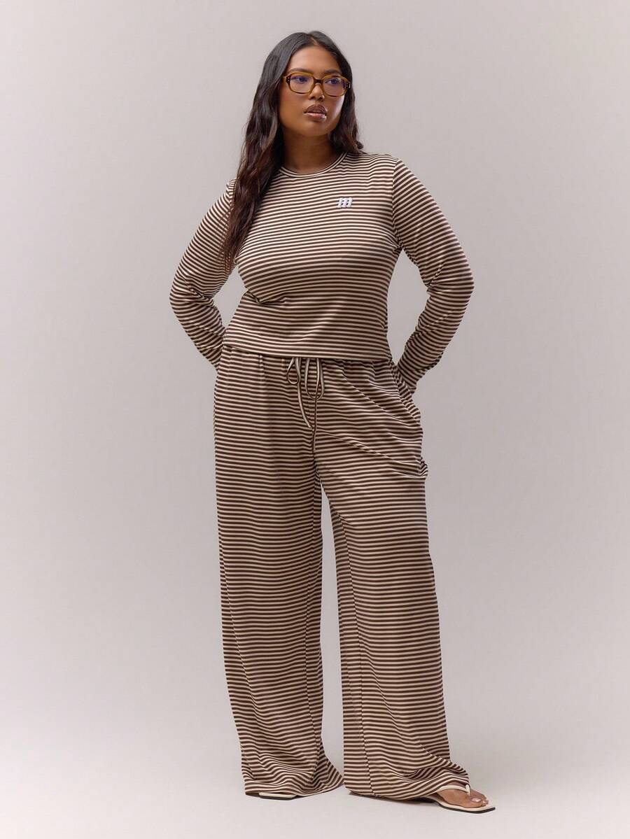 MUSERA Plus Wide Leg Baggy Drawstring Stripe Trousers Only Casual Cute Cosy   Night In - Multicolor - View 1