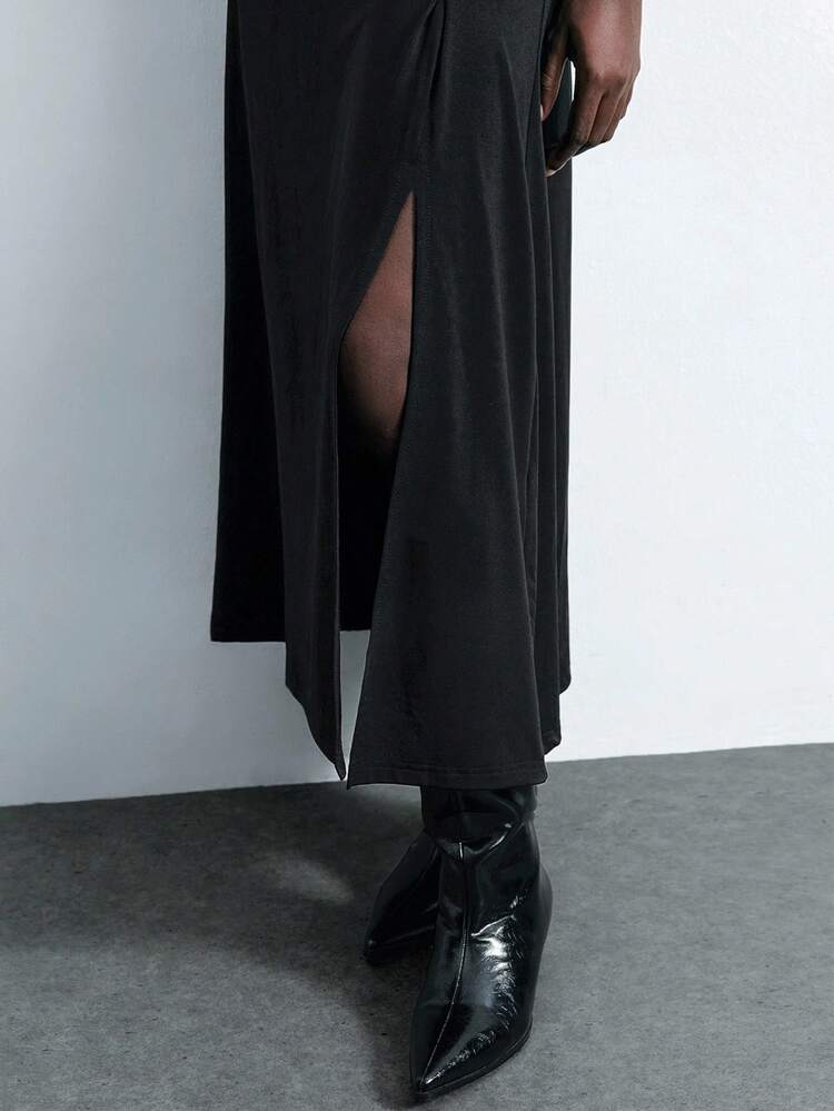 SHEIN Maija 2025 Oversized Round Neck Batwing Sleeve Long Dress With Metal Decor Button Ruched Design, Suitable For Early Autumn Work Clothes Women Slit Dress Side Slit Dress Long Sleeve Dress Black Dress Fall Clothes For Women  Fall Clothes Fall Outfits Women  Halloween