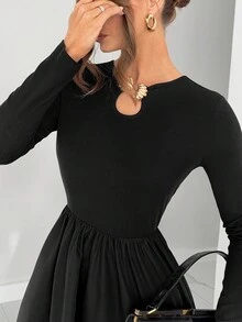 Siren Gaze Elegant Black Autumn Luxury Women Long Sleeve Ankle-Length A-Line Dress With Metal Buckle & Pockets,Brunch Work Party Wedding Guest Outfits - Black - View 2