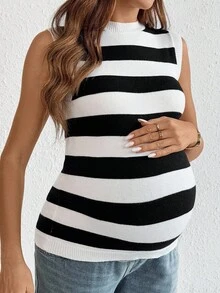 SHEIN 孕妇条纹圆领无袖休闲针织上衣 - 黑與白 - 查看 8