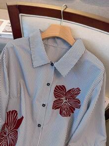 SHEIN Clasi Plus Size Casual & Commute Striped Floral Print Shirt - Red - View 6