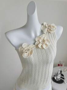 SHEIN Unity Y2K Hand Crochet Floral Textured Asymmetric Shoulder Knitted Top - Beige - View 3