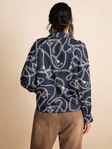 SHEIN LUNE LUNE Women's Plus Size Navy Blue Elegant Office Shirt,Chain Print Long Sleeve Knit Tie Cuff Blouse,Old Money Summer Boho Chic Business Fashion Tops - Multicolor - View 9
