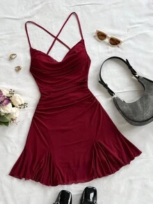 Soleia 大码女式度假细肩带迷你连衣裙，垂坠领口，露背，蝴蝶结，鱼尾，性感风格，迷你连衣裙，茶歇，购物，浪漫，约会，海滩装，网眼，年轻，少女 - 酒紅色 - 查看 1