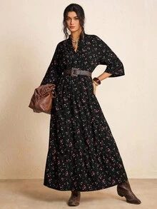 SHEIN LUNE 大码粉色碎花休闲四层连衣裙 - 綠色 - 查看 7