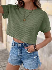 Camiseta corta de manga de murciélago de color sólido de primavera, de moda simple - Verde Oliva - Ver 5