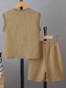 SHEIN 2pcs Tween Boy Summer Casual Letter Print Tank Top And Shorts Set - Khaki - View 2
