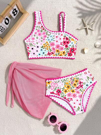 SHEIN Conjunto de bikini de verano para niñas preadolescentes con diseño asimétrico de flores y recorte de volantes