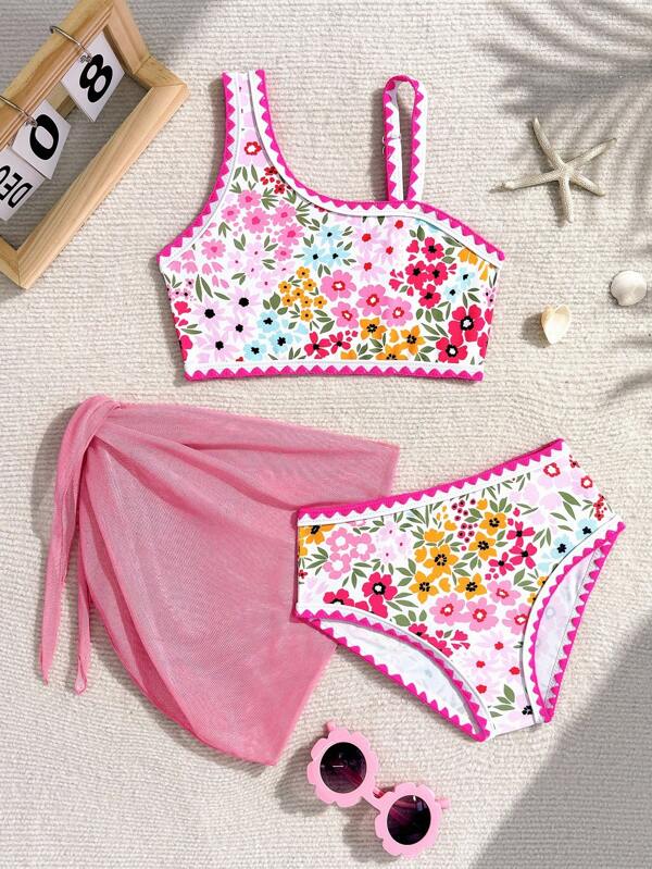 Sparklyn Young  Girls Three Pieces Swimwear Set Tropical Floral Print Bikini With Beach Skirt