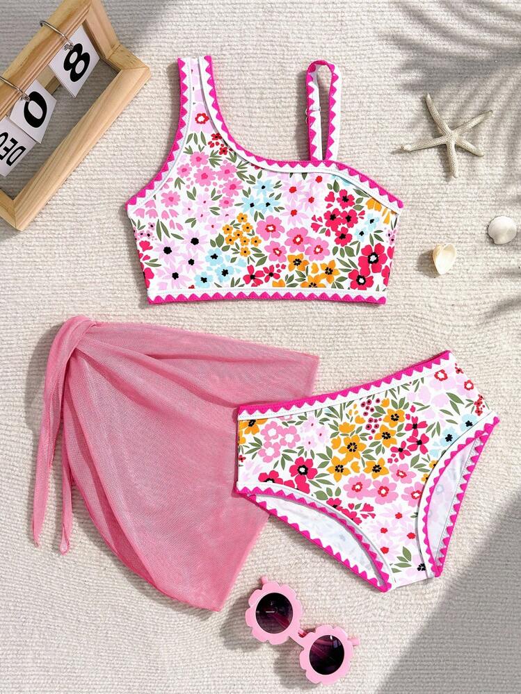 Sparklyn Young  Girls Three Pieces Swimwear Set Tropical Floral Print Bikini With Beach Skirt - Multicolor - View 1