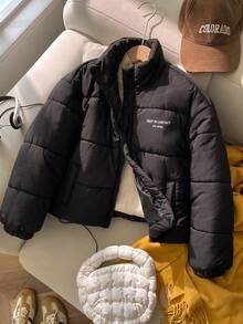 SHEIN Sparklyn Tween 女童休闲百搭通勤宽松立领字母印花棉服外套，秋冬季保暖 - 黑色 - 查看 3