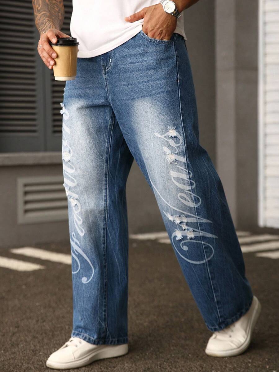 Manfinity Homme Quần jean ống rộng thêu màu xanh dương dáng rộng thoải mái cho nam cỡ lớn - Rửa trung bình - Xem 1