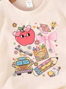 返校季女童休闲时尚创意铅笔彩色蝴蝶结卡通图案印花基础款短袖T恤 女童图案T恤 小女孩图案T恤 返校季女童衬衫 - 米色 - 查看 5