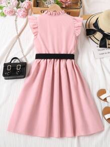 Tween Girl Frill Neck Ruffle Trim Belted Dress - Pink - View 2