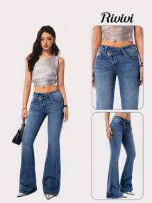 Rivivi 女式不对称腰部喇叭牛仔裤 - 藍色 - 查看 1