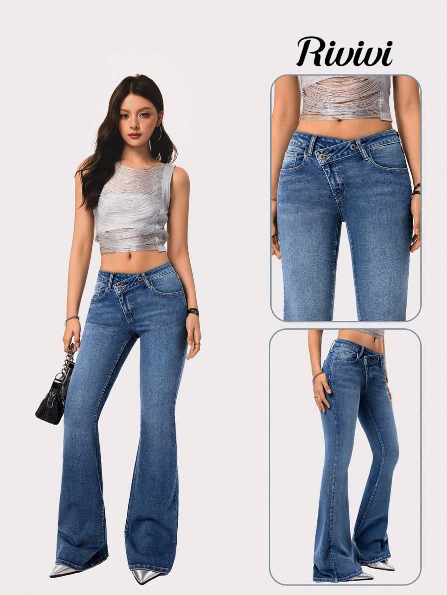 Rivivi 女式不对称腰部喇叭牛仔裤 - 藍色 - 查看 1