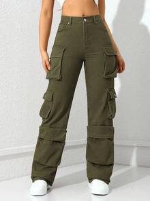 Jeanoix Women's Multi-Pocket Straight Leg Casual Jeans - Army Green - View 3