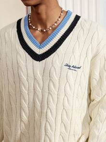 SWAVVY 男士时尚 V 领长袖条纹麻花图案休闲毛衣，麻花针织，秋冬 - 白色 - 查看 6