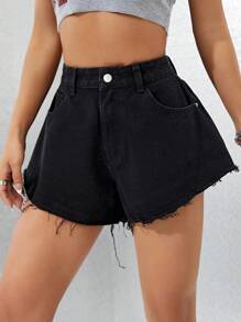 SHEIN Tall Casual Wide Leg High Waist Black Denim Shorts - Black - View 4