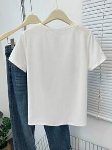 Lalippa Camiseta de mujer de cuello redondo con bloque de color, eslogan y bordado de hibisco para el verano
