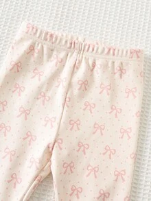 Cozy Pixies 2pcs Baby Girl Bow Knit Soft Round Neck Long Sleeve Pullover Sweatshirt And Elastic Waist Leggings Set Fall Winter