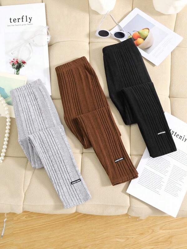 SHEIN 3pcs Pack Tween Girls' Basic Solid Color Stretchy Knit Leggings