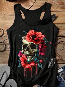 EMERY ROSE Women's Casual Simple Skull & Floral Rose Print Tank Top, Summer - Black - View 1