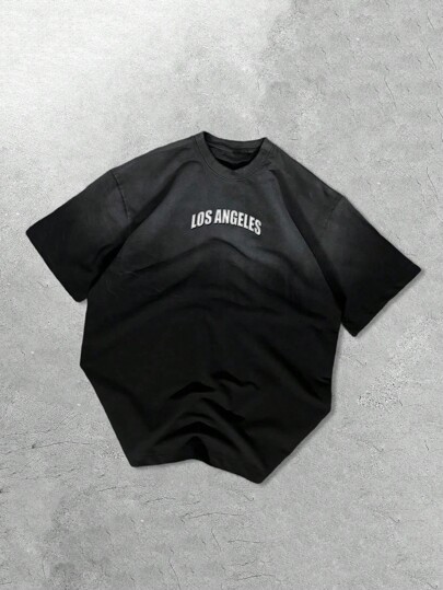 Street Life Camiseta casual cómoda para hombres con gráfico en inglés y lavado degradado en negro