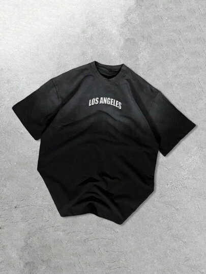 ROMWE MEN Street Life 男士黑色渐变水洗英文图案舒适休闲T恤