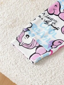 SHEIN 女童修身长袖上衣和裤子套装，粉色上衣搭配彩色独角兽涂鸦图案长裤，采用弹力面料，活动自如。 - 彩色 - 查看 4