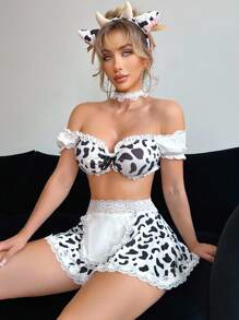 Fantasy Costume Bộ đồ lót gợi cảm in hình con bò cái cho nữ - Đen và trắng - Xem 4